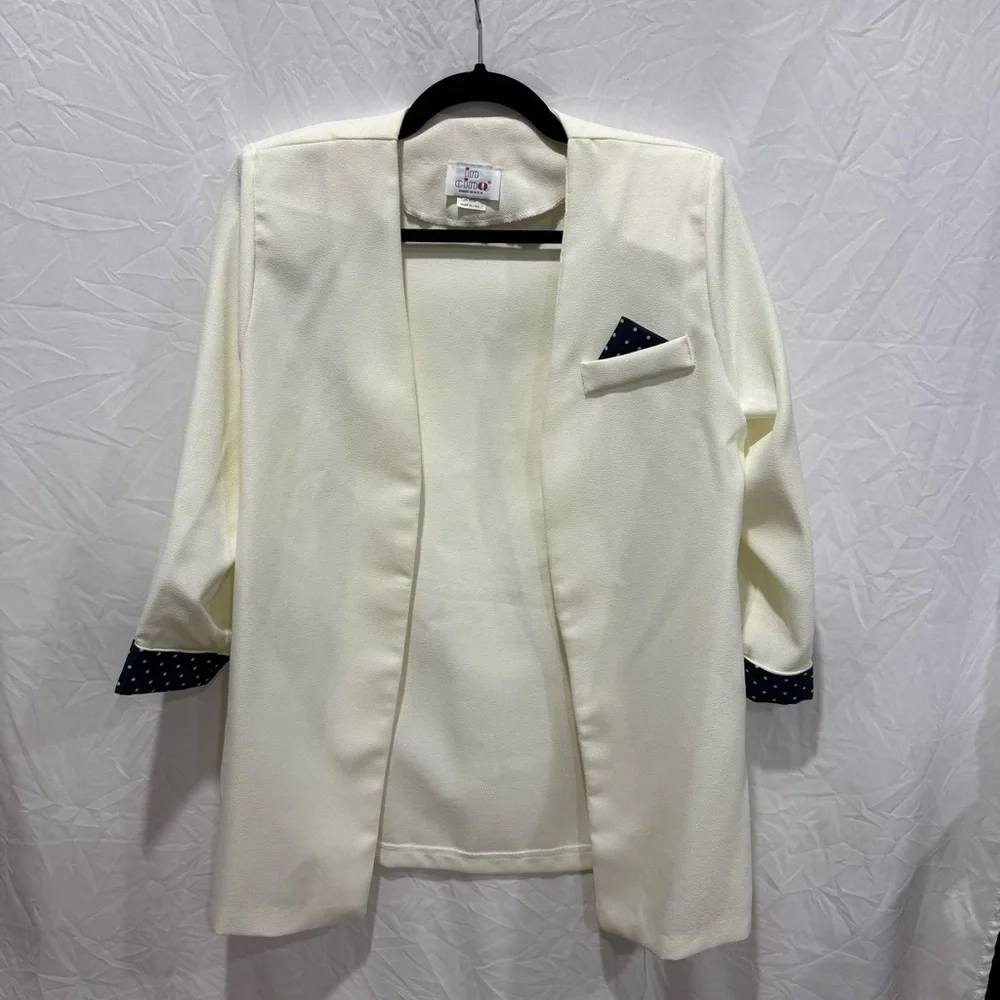 In Cinq White Open Front Longline‎ Blazer 12 Polka Dot Cuff Office Corpcore Work